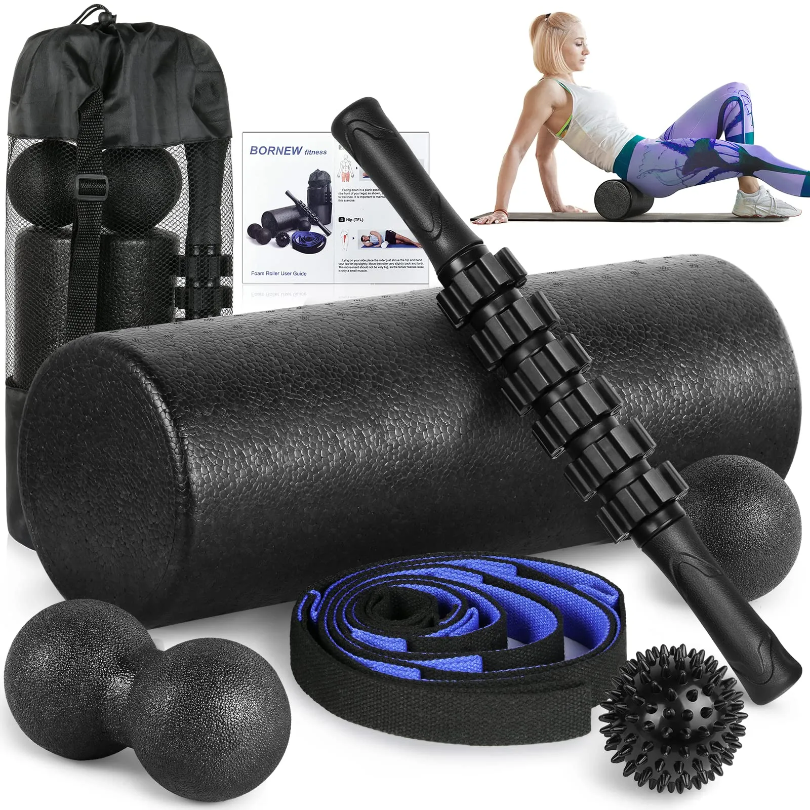 Foam Roller Set Back, Muscle Stick, Fasciitis &amp; Massage Ball, Stretching Strap +