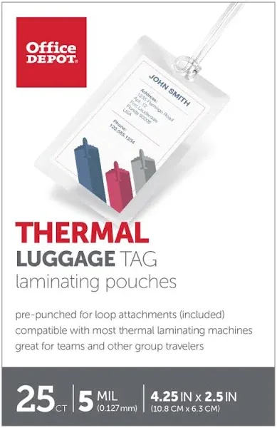 Office Depot Brand Laminating Pouches, Luggage Tag with Loop, 5 mil, 2 1/2" x 4 1/4", Pack of 25