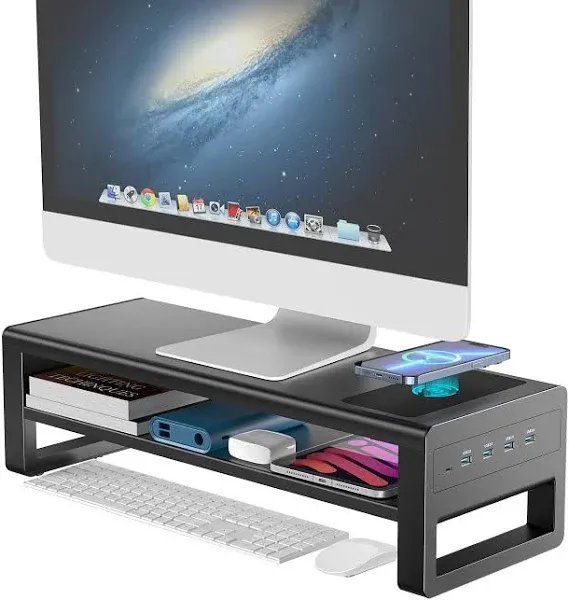 2 Tiers Monitor Stand with Auto Charging Pad, Monitor Riser with 4 USB 3.0 Hub Ports, Metal Desk Stand with Storage, Screen Raiser for Desktop Monitor/PC/Laptop/Computer Space Saver Organizer