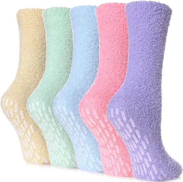 Non Slip Socks for Women Winter Warm Cozy Fuzzy Slipper Socks Soft Fluffy Hospital Socks with Grips 6 Pairs Candy Color /Size