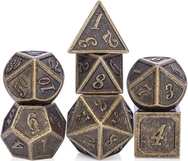 DnDnD Ancient Design Dice, 7PCS Brass DND Metal Dice with Metal Box for Table Games Dungeons and Dragons D&D