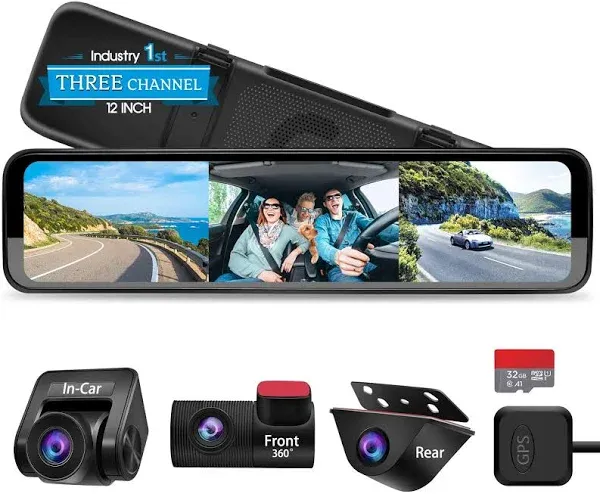 Triple Mirror Dash Cam 12&#034; Detached Front and in-Car Camera,Waterpr<wbr/>oof Backup