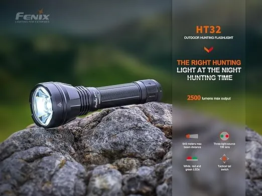 fenix HT32, Ultra Bright Long Range LED Torch | 2500 Lumens | 640m | 29 Hrs Max | Tactical Dual Tail Switches | 5000 mAh 21700 USB-C Rechargeable Battery | Red & Green Light Modes | IP68