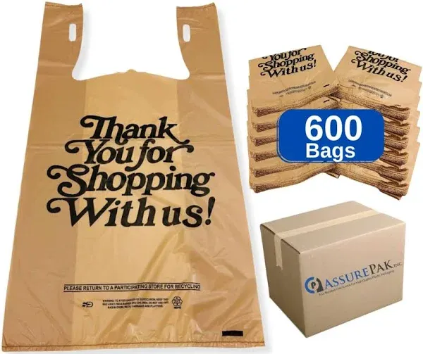 Easy Open Heavy Duty 'Thank You' Italic Print T-Shirt Plastic Bag for Retail, Groceries, Merchandise, Convenience Store, Supermarket, Restaurant - 11.5"x6.5"x21.5-600 Bags - 18 microns - Beige