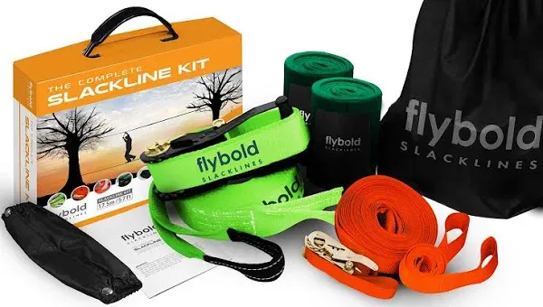 Flybold Slackline Kit | Slack Line Longer | 57 ft Line with Training Line | Tree Protectors, Arm Trainer, Ratchet Cover and Carry Bag | Tight Rope SLA