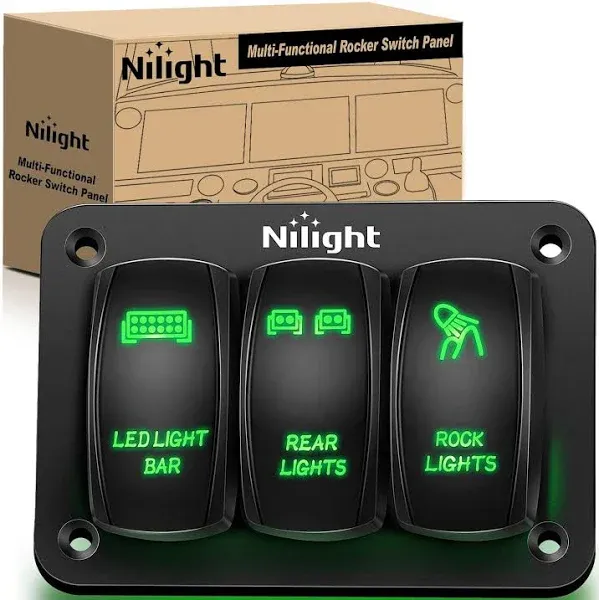 Nilight 3 Gang Rocker Switch Panel Aluminum 5 Pin ON Off Toggle Switch Panel LED Light Bar Switch SPST 12V-24V Green Switches for Marine Boats,Cars,ATVs,UTVs