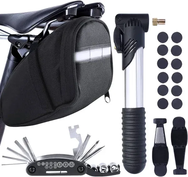 Bike Repair Kit, Bike Tire Tool Kit with Mini Pump, Saddle Bag, Multitool Bicycle Accessories Set for Adult Bikes Road Mountain Bike MTB