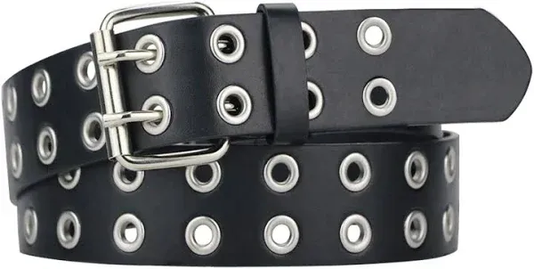 Grommet Leather Belts for Women, Black Belt Women Men with Double Holes