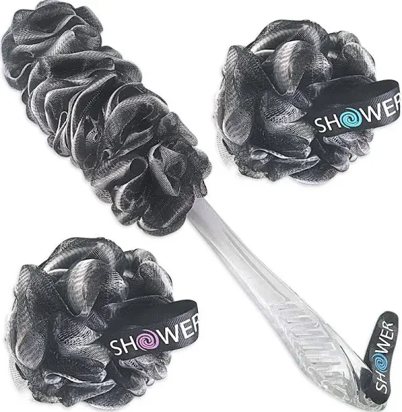 Loofah-Charcoal Back-Scrubber & Bath-Sponges by Shower Bouquet 1 Long-Handle-Back-Brush Plus 2 Extra Large 75g Soft Mesh Poufs