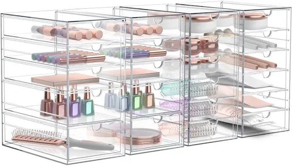 Sorbus Makeup Organizer With 22 Drawers, Acrylic Drawer Organizer for Makeup, Office Organization and Storage, Art Supplies, Jewelry, Stationary - 4 Pcs Clear Stackable Storage Bins Organizer Drawers