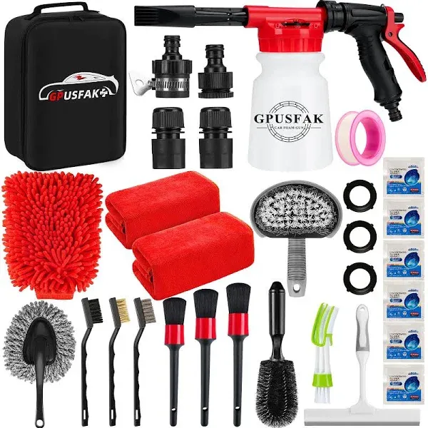 26Pcs Car Wash Cleaning Kit with Foam Gun Sprayer Detailing Brushes Window Water Scraper Tire Brush Towels Complete Interior Exterior Detailing Set for Car