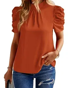 BTFBM Women's Summer Boho Shirt Top Ruffle Short Sleeve Frill Trim Mock Neck Floral Solid 2025 Casual Blouses Shirts Tops