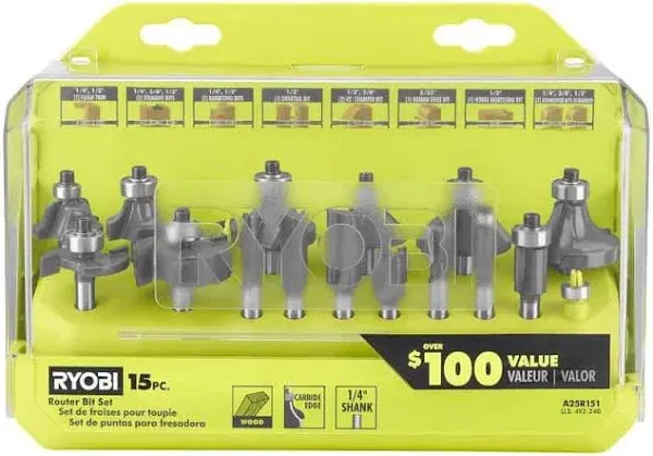 NEW - Ryobi A25R151  15pc  1/4 Inch Shank Carbide Router Bit Set - FREE SHIPPING