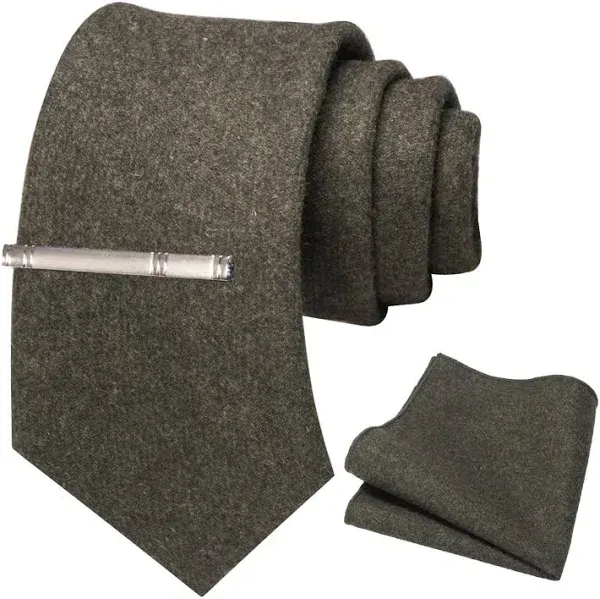 JEMYGINS Men's Solid Color Cashmere Wool Necktie and Pocket Square Tie Clip Sets