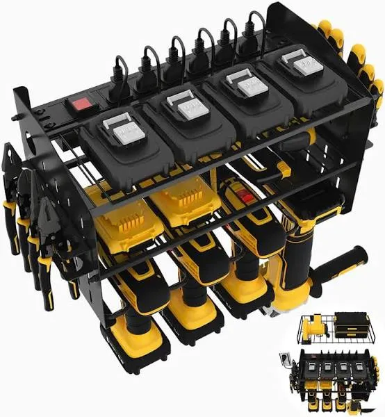 Power Tool Organizer with Charging Station 4 Layers Wall Mount Power Drill Organizer Tools Storage Holder 6AC Outlets Tool Rack Tool Storage Solution for Garage Workshop Organizers