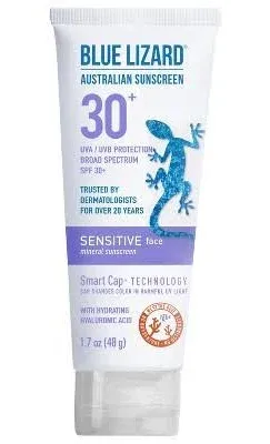 Blue Lizard Sensitive Face Mineral Sunscreen - No Chemical Actives - SPF 30+ UVA/UVB Protection, 1.7 oz