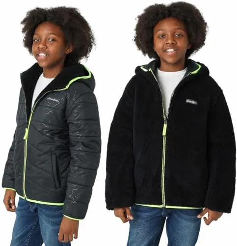 Kids Eddie Bauer Jacket Reversible Hooded Fleece Plush Youth XS-L(5-16) Black