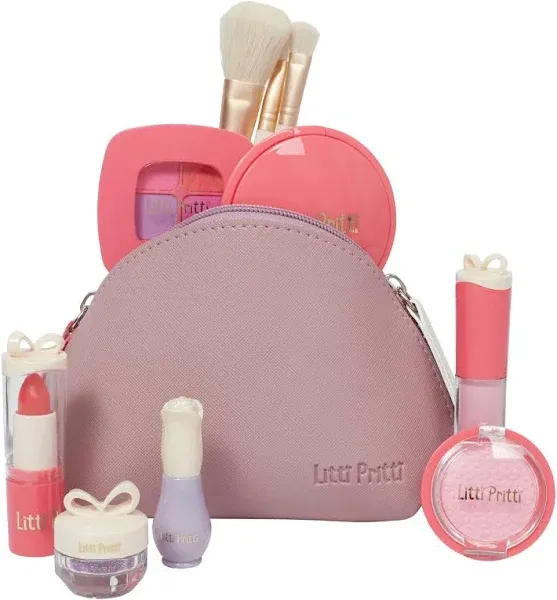 Litti Pritti Pretend Makeup for Toddlers - 11-Piece Play Makeup Set for Little Girls Age 3 and Up - Fake Toddler Makeup with Bag Includes Brushes, Lipstick, Nail Polish - Pretend Play Toy for Girls