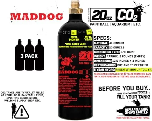 Maddog 20 Oz Refillable Aluminum CO2 Paintball Tank - Ships Empty - 3 Pack