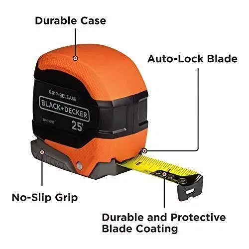 BLACK+DECKER Tape Measure, Grip Release 25-Foot - BDHT36725AP