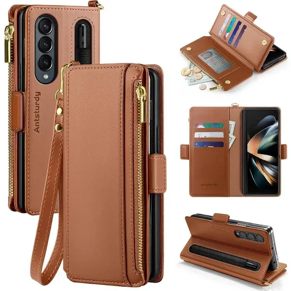 Antsturdy Compatible with Samsung Galaxy Z Fold 4 Case Wallet Women with【S Pen Holder】 Phone Case with Card Holder Strap PU Leather RFID Blocking Flip Protective Cover Credit Slots Men,Light Brown