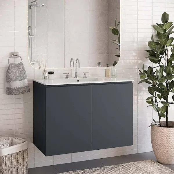 Bryn 36" Wall Mount Bathroom Vanity in Gray w/ White Sink by Modway