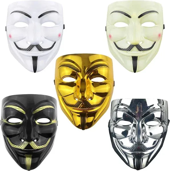 5 Packs V Mask Halloween Mask Costume Cosplay Anonymous Masks Hacker mask/1*Gold/1*White/1*Silver/2*Black(5-Pack)