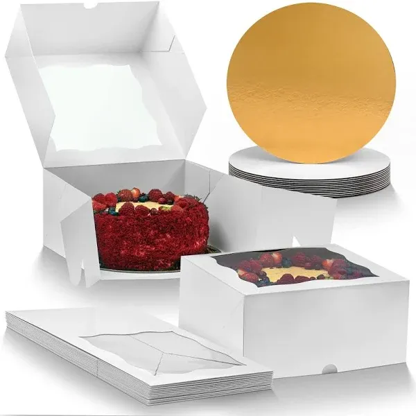 Premium Cake Boxes with Cake Boards Set - 12 Front-Loading Cake Boxes 10", 12 White/Gold Greaseproof Cake Boards 10 Inch – Sturdy Cardboard Cake Boxes, Thick Cake Boards – Window Cake Box Set