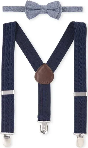 Toddler Boys Chambray Matching Bow Tie And Suspenders Set - Blue