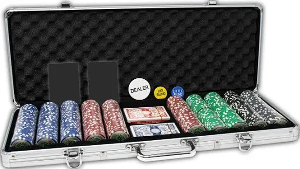 DA VINCI Professional Set of 500 11.5 Gram Casino Del Sol Poker Chips with Denominations, 2 Decks of Plastic Playing Cards, 2 Cut Cards & 3 Dealer Buttons (Silver Aluminum Frame Case)