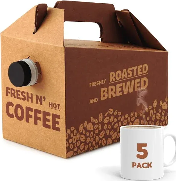 Stock Your Home (5 Pack) 96 oz Disposable Coffee Box Dispensers, Insulated Hot Cold Bulk Beverage Server Carafe, Coffee Carrier with Handle Take Out Containers, Cardboard Coffee Traveler To Go Boxes