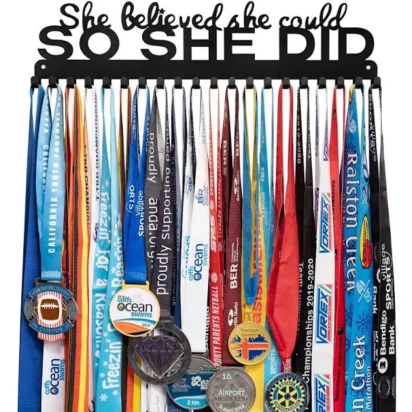 She Believed She Could SO SHE DID Medal Hanger Holder Display Wall Rack Frame-Running Medal Hanger Display Awards Ribbon Cheer,Marathon,Gymnastics,Soccer,Softball