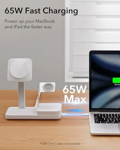 ESR 65W 4-in-1 GaN Wireless Charging Station(5-in-1 Stand), Designed for MagSafe Charger Stand, Magnetic Wireless Charger for iPhone 16/15/14/13, AirPods Pro/3/2, and USB A/C Devices, White