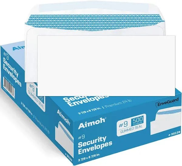 500#9 Security White Envelopes, GUMMED Closure, Premium Security Tint Pattern -