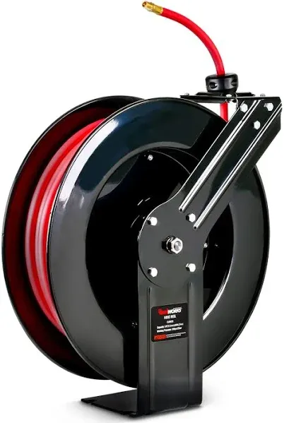 ReelWorks Air Hose Reel Retractable 3/8" Inch x 80' Foot Max 300PSI Longest Ever Hybrid Polymer Hose Industrial Steel Construction