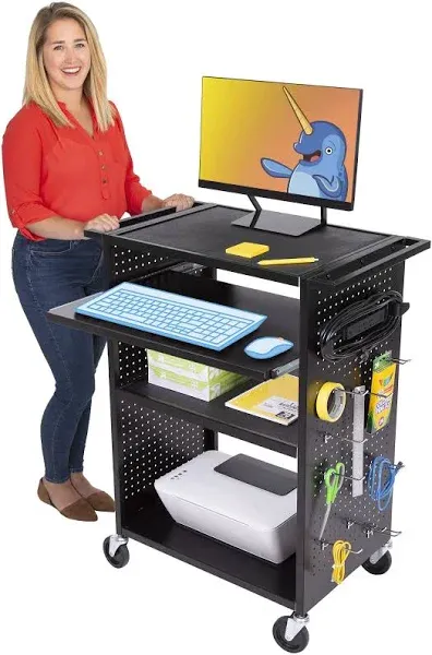 Line Leader Stellar AV Cart | Reimagine Your Teacher Cart with Revolutionary Pegboard Siding & 12 Movable Peg Hooks for Customizable Storage | UL Safety Certified Mobile Workstation & Computer Cart