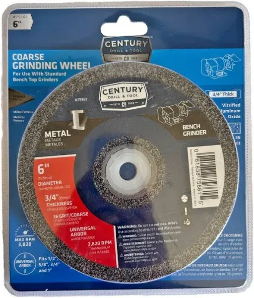 Century Drill & Tool 75861 Coarse Bench Grinding Wheel, 6"