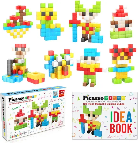 Picasso Cubes Kids Pixel 1” Magnetic Puzzle Cube 102 Piece Mix & Match with FREE Idea Book Sensory Toys STEAM Education Learning Building Block Magnets Construction ToySet Stacking Magnet Creative Kit