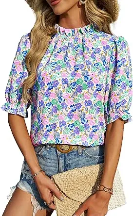 BTFBM Women's Summer Boho Shirt Top Ruffle Short Sleeve Frill Trim Mock Neck Floral Solid 2025 Casual Blouses Shirts Tops