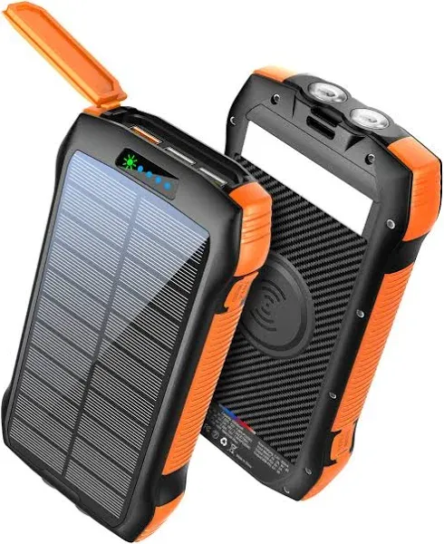 Portable Charger, Solar Power Bank 33500mAh QC3.0 18W PD 20W Fast Charging, Solar Battery Pack with 10W Wireless 5 Outputs IP67 Waterproof 6W Bright Flashlight for iPhone Samsung Tablet