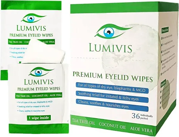 Lumivis Tea Tree Oil Eyelid Wipes - 36 Individually Wrapped Pads for Daily Eye Cleansing and Makeup Removal - Soothe, Cleanse & Revitalize