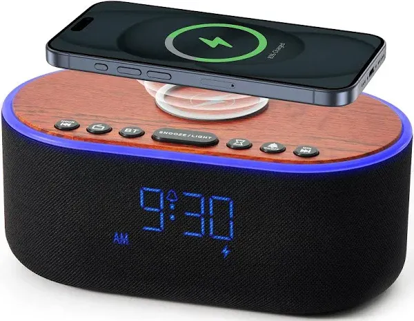 uscce Alarm Clock Bluetooth FM Radio: 10W Stereo Sound Speaker - Fast Wireless Charging for iPhone Samsung - Dimmable Clock Radio for Bedroom