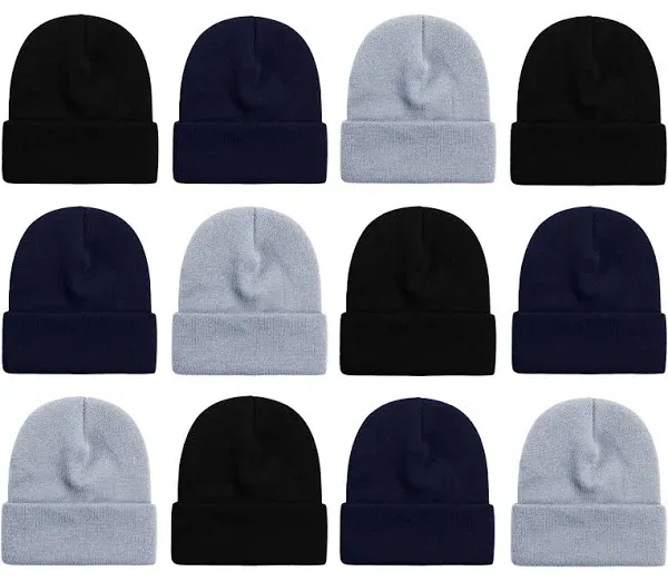 Bulk Winter Beanies - Unisex, Assorted - 12 Pack, Black/Navy/Gray , Case Pack