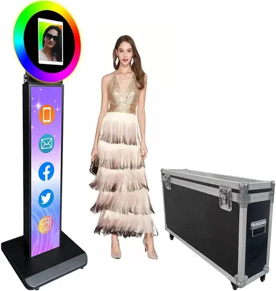 Portable Photo Booth for iPad 10.2" 10.9'' 11'' 12.9'' Shell Stand Selfie Station Customized Logo Photobooth Machine with Round Adjustable RGB LED Light Ring for Events Rental Wedding