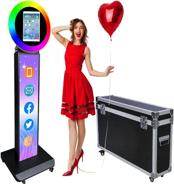 Photo Booth Shell Stand Stand for IPad 10.2" 10.9" 11" 12.9" 13" Printer Stand Selfie Customized Logo Photobooth with Round RGB LED Light Ring and Flight Case for Events Christmas Wedding