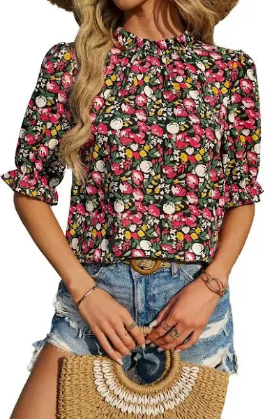 BTFBM Women's Summer Boho Shirt Top Ruffle Short Sleeve Frill Trim Mock Neck Floral Solid 2025 Casual Blouses Shirts Tops