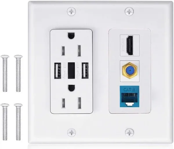 USB Outlet Wallplate,15A 2 Power with Dual 3.6A USB Charger Port Wall Plate with LED Lighting, 4 HDMI HDTV + 1 CAT6 RJ45 Ethernet + Coaxial Cable TV F Type Keystone Face Plate White