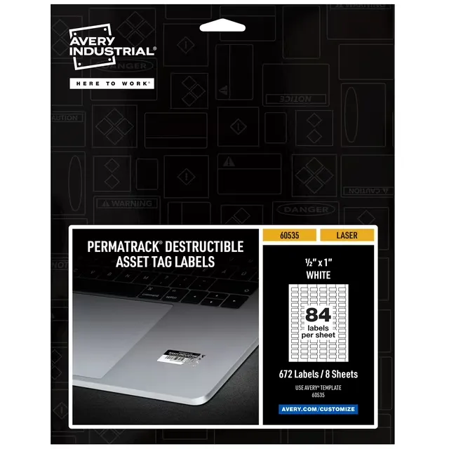 Avery - PermaTrack Destructible Asset Tag Labels, Laser Printers, 0.5 x 1, White, 84/Sheet, 8 Sheets/Pack