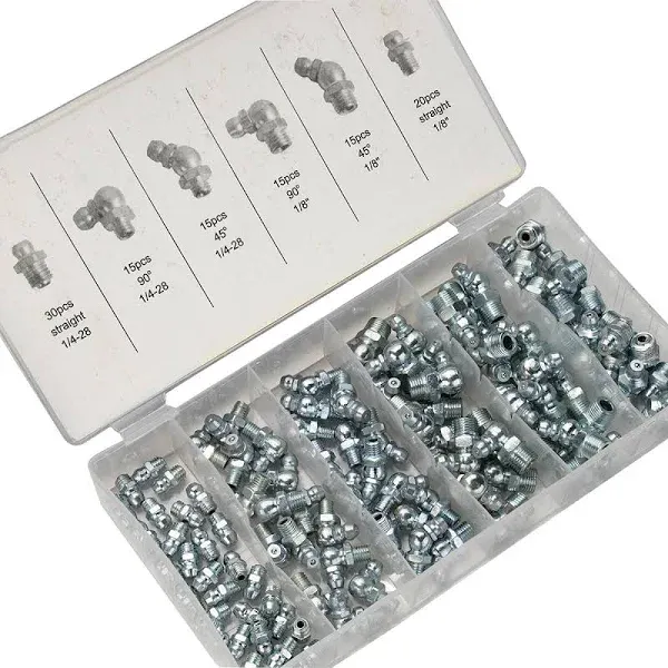 NEIKO 50463A Grease Fitting Assortment | 110 Piece | SAE | Straight and Angled Zerk Kit | A3 Steel | For Angled Grease Guns, Bearing Housings, Mechanical Component Lubrication