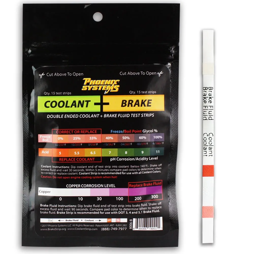 Phoenix Systems 8006-B Double-Ended Brake Fluid + Coolant Test Strips (15 foil wrapped test strips), 1 Pack